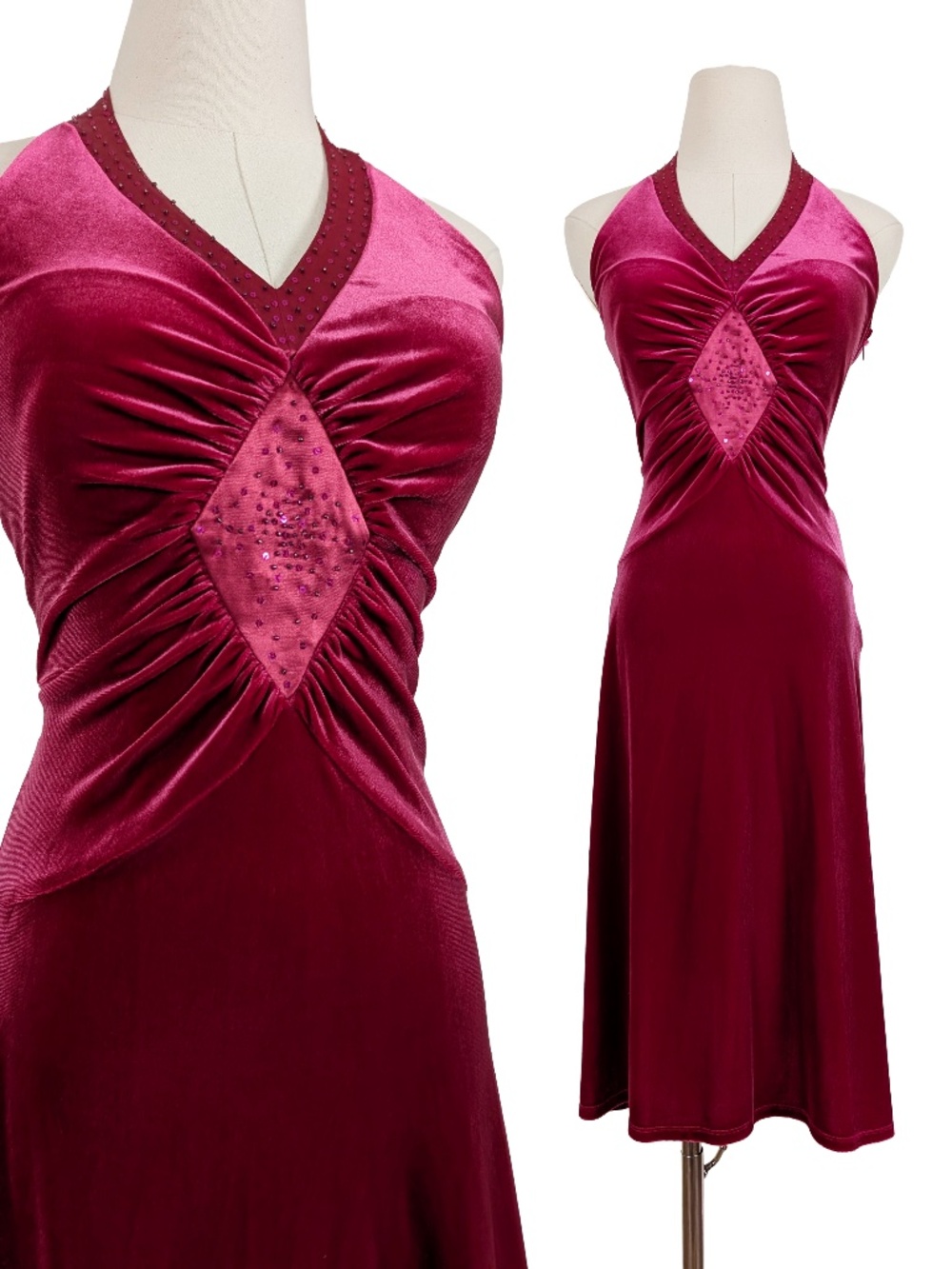 Y2K Sangria Velvet Halter Midi Dress Red Size 6 Formal Soft Glam